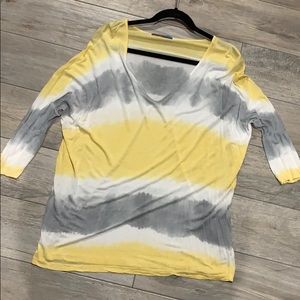 Ruby and Jenna 3/4 sleeve yellow, grey & white tee